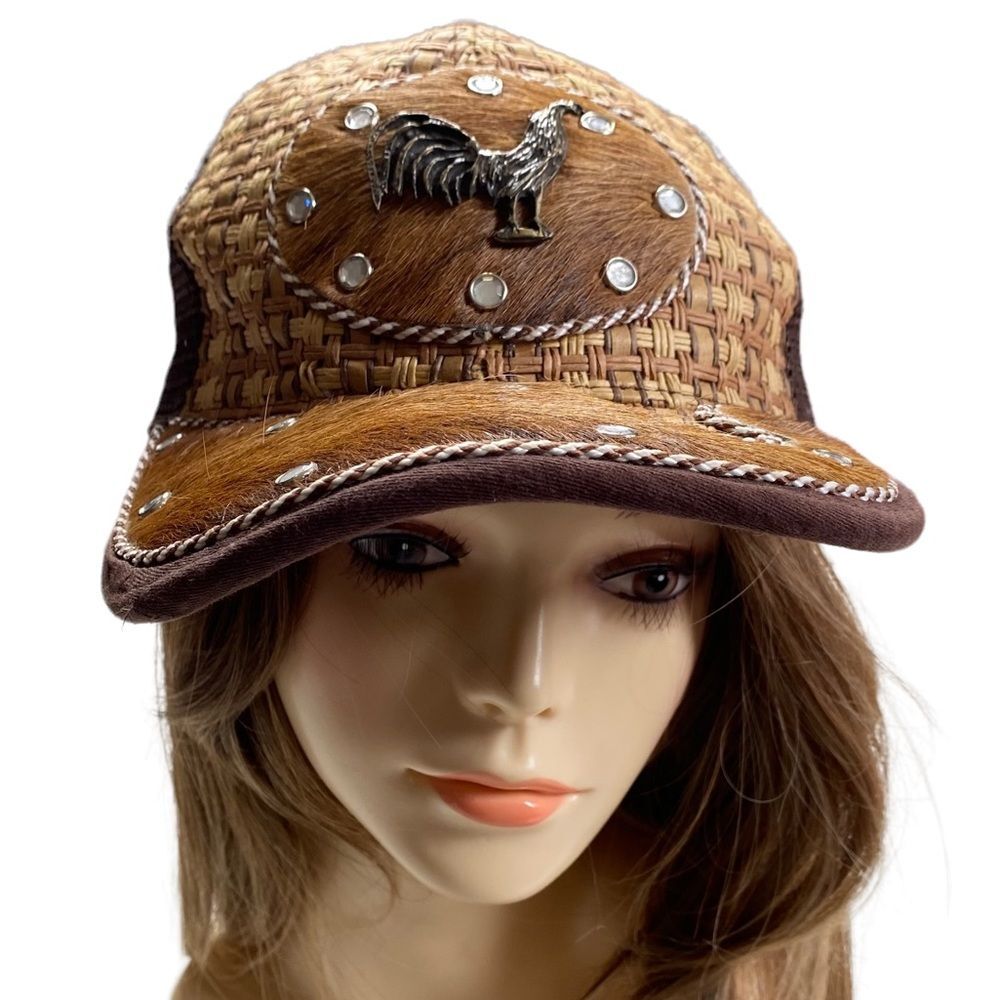 Western Woven Straw Embellished Rooster Snapback Trucker Hat